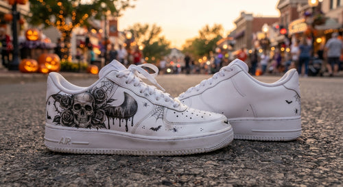 Custom Sneaker Halloween Haunted Rose Skull - front view