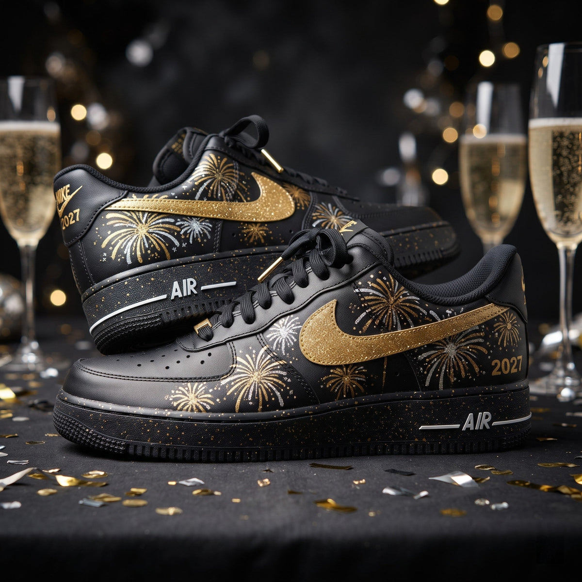 Custom Sneaker New Year 2027 Gold Fireworks - front view