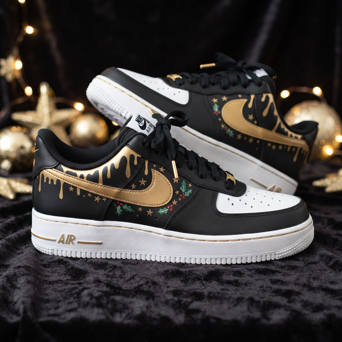 Custom Sneaker Christmas Gold Black Luxe - front view