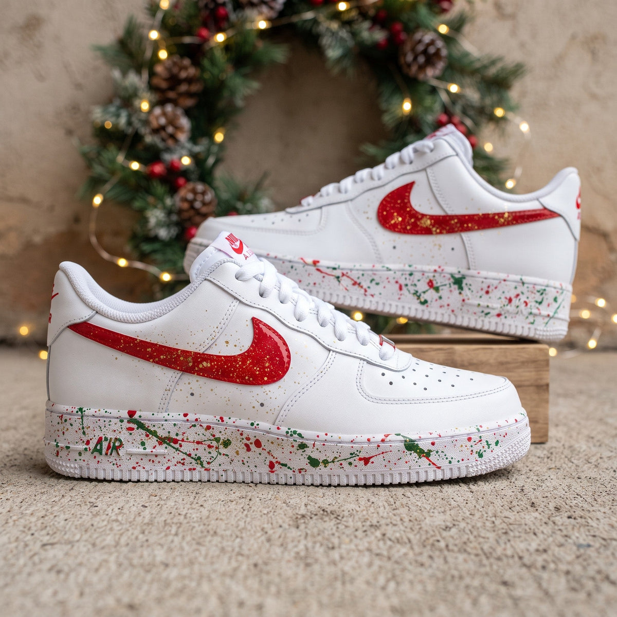 Custom Sneaker Christmas Holiday Splatter - front view