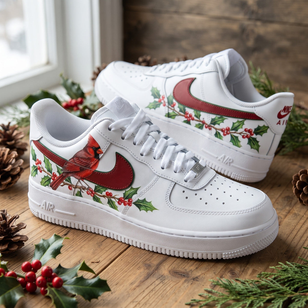 Custom Sneaker Christmas Cardinal Holly - front view