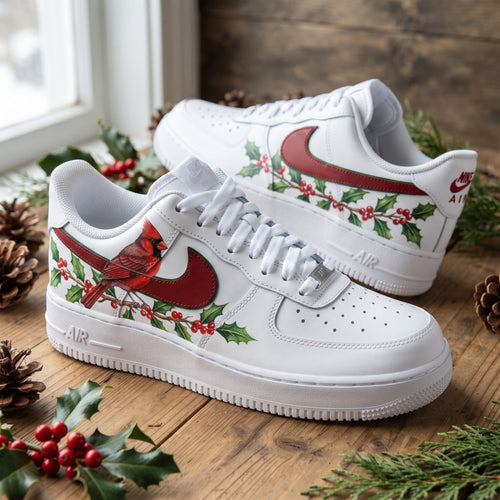 Custom Sneaker Christmas Cardinal Holly - front view