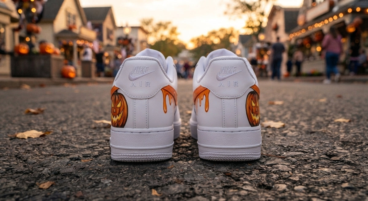 Custom Sneaker Halloween Pumpkin Drip - heel back