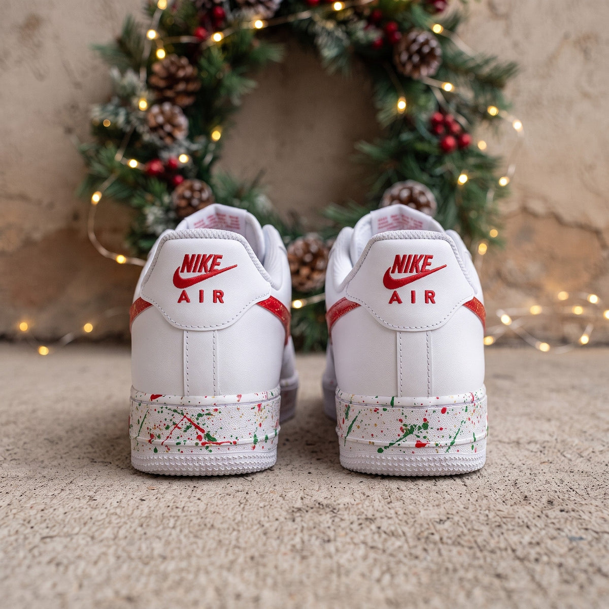 Custom Sneaker Christmas Holiday Splatter - heel back