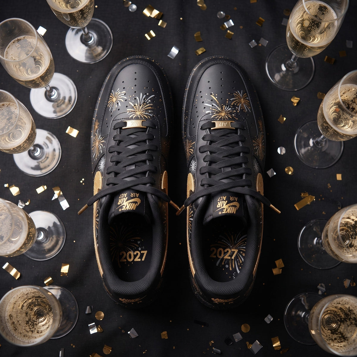 Custom Sneaker New Year 2027 Gold Fireworks - top down
