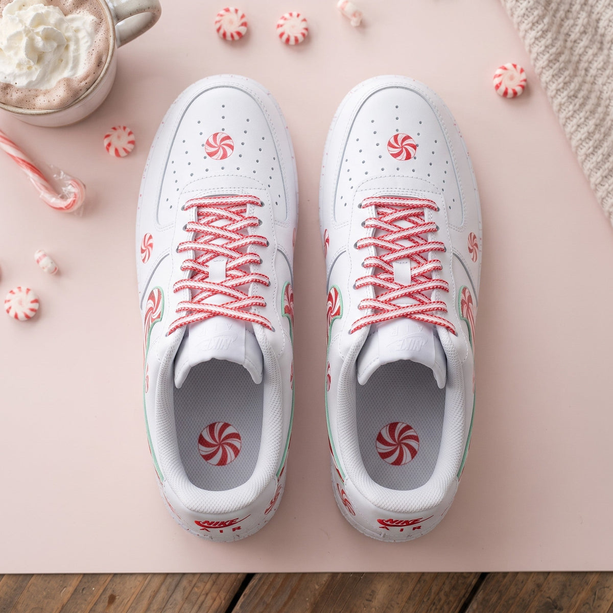 Custom Sneaker Christmas Peppermint Swirl - top down