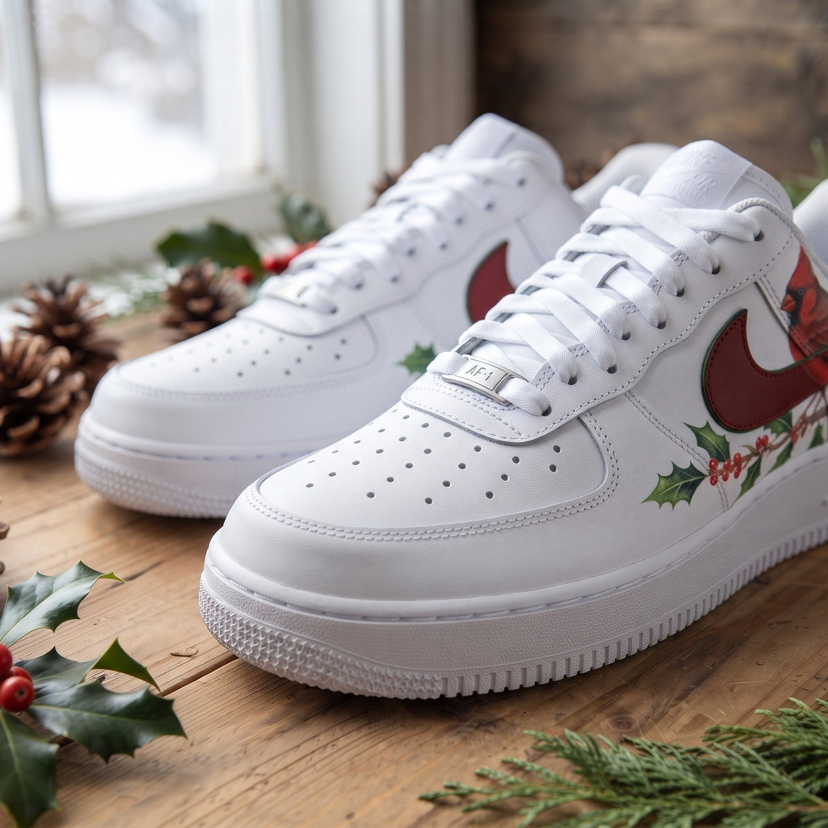 Custom Sneaker Christmas Cardinal Holly - front toe