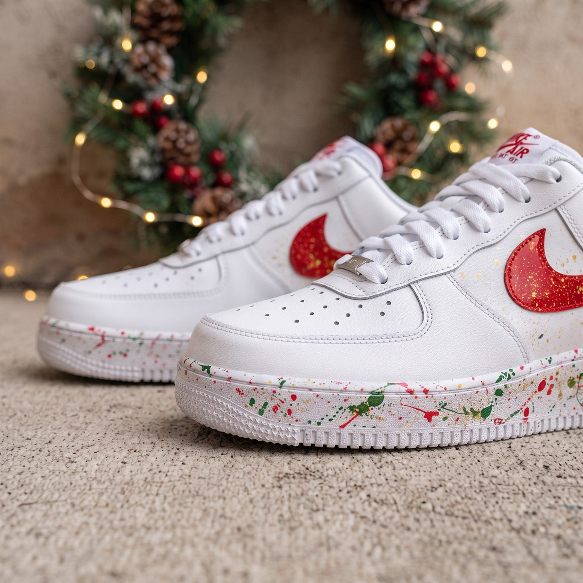 Custom Sneaker Christmas Holiday Splatter - front toe
