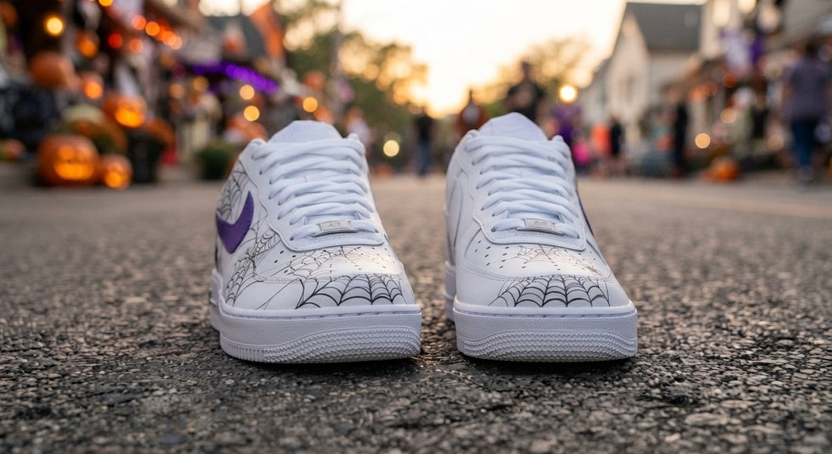 Custom Sneaker Halloween Spider Web - front toe