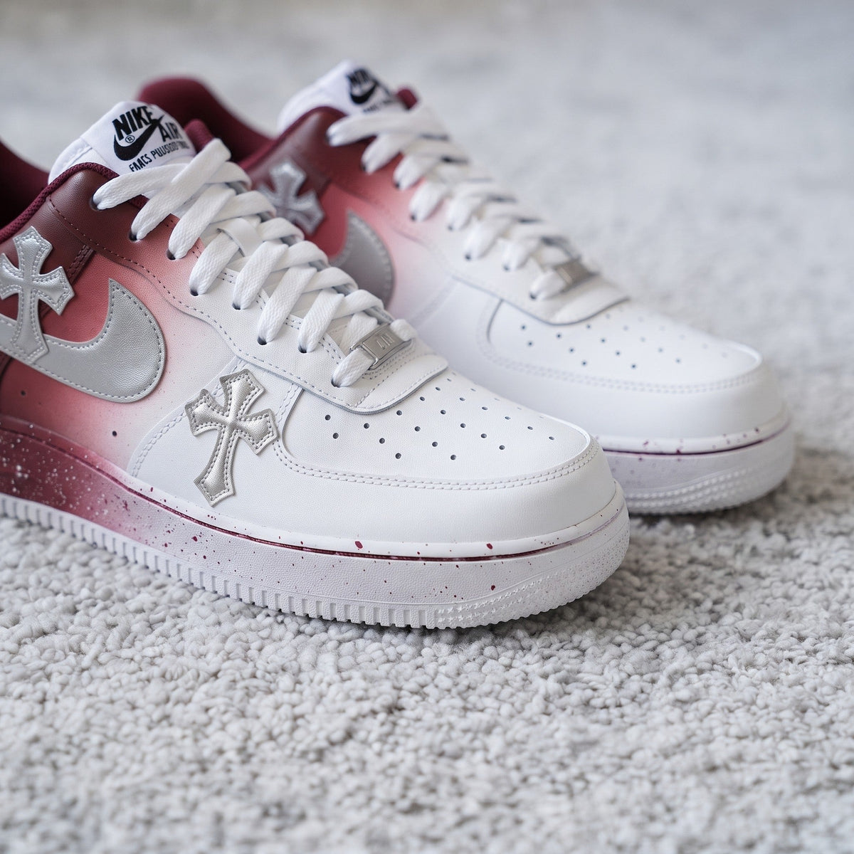 Custom Sneaker Christmas Burgundy Crosses - front toe