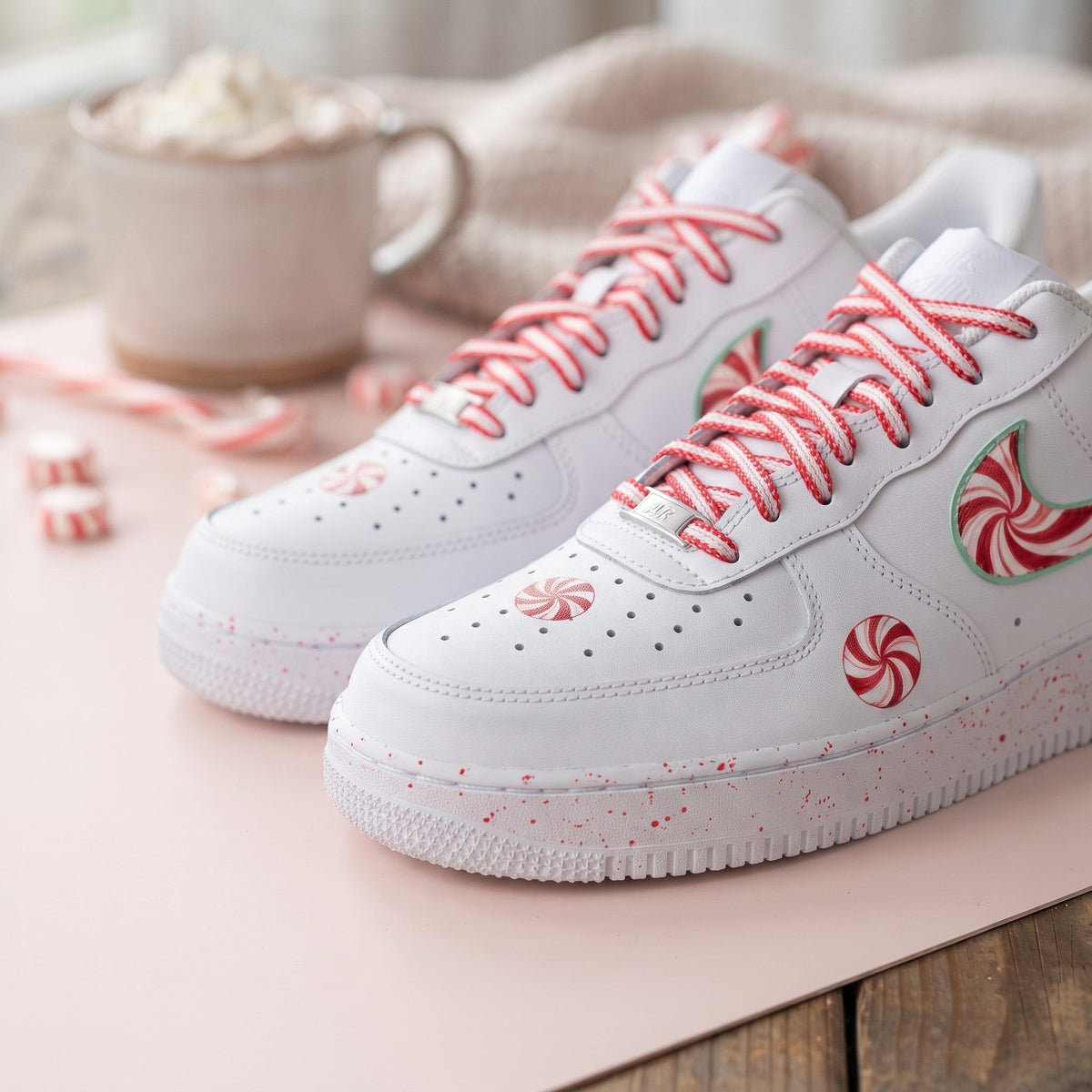 Custom Sneaker Christmas Peppermint Swirl - front toe