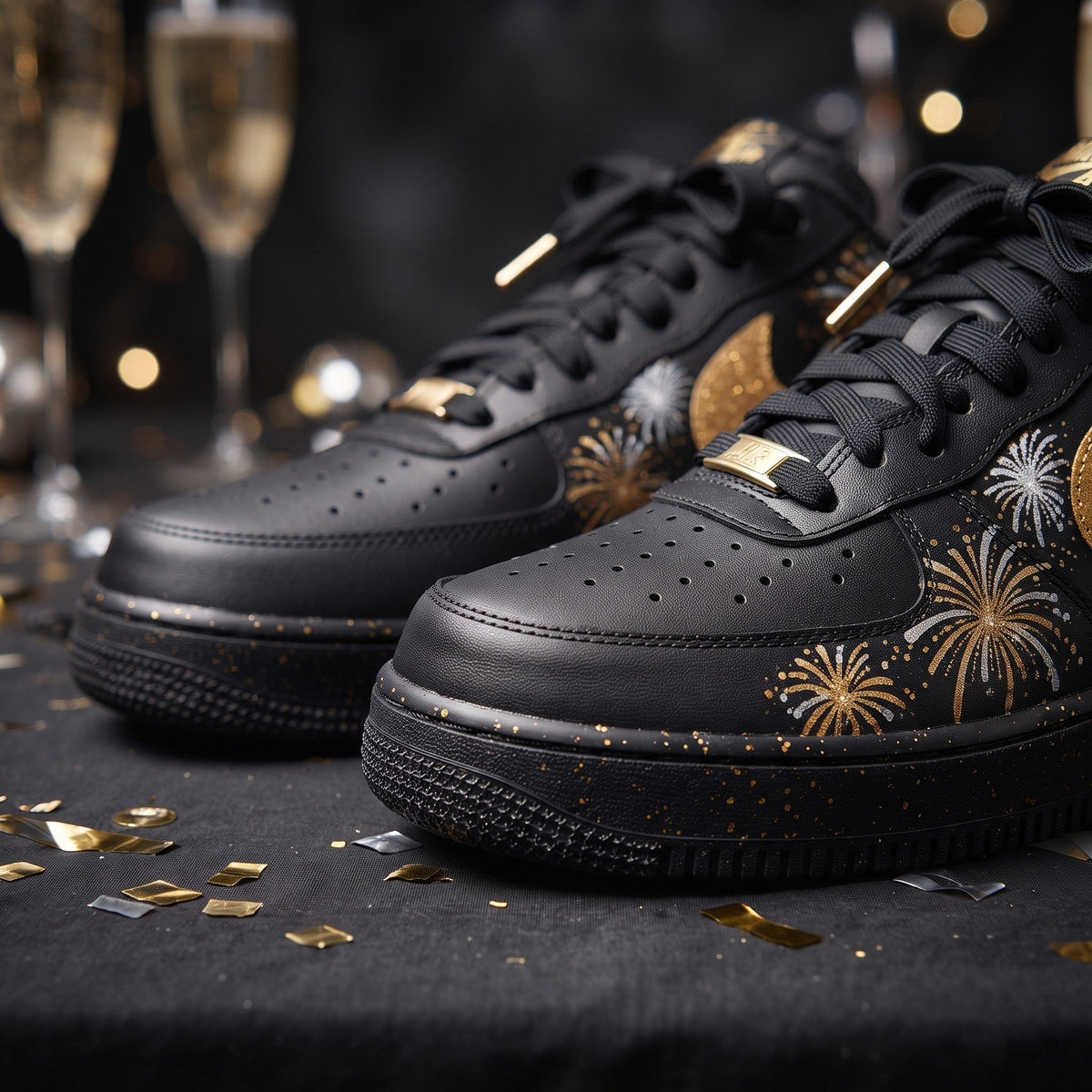 Custom Sneaker New Year 2027 Gold Fireworks - front toe