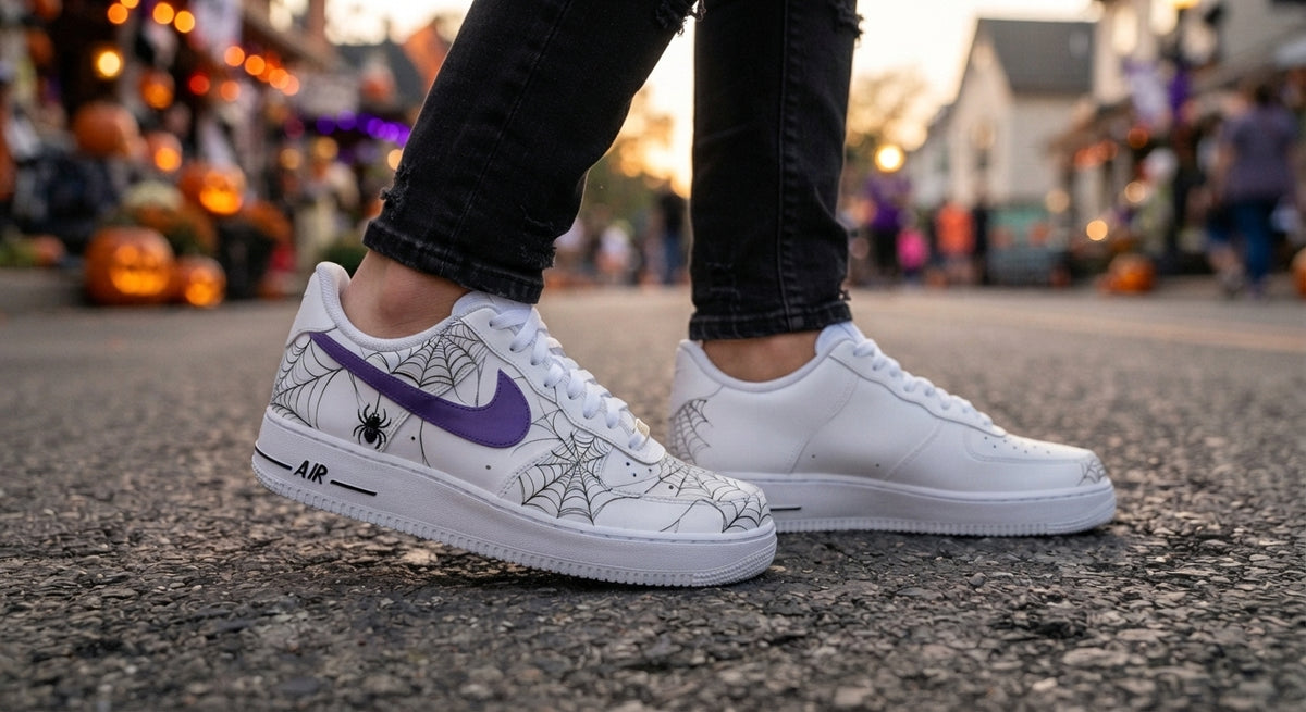 Custom Sneaker Halloween Spider Web - on feet