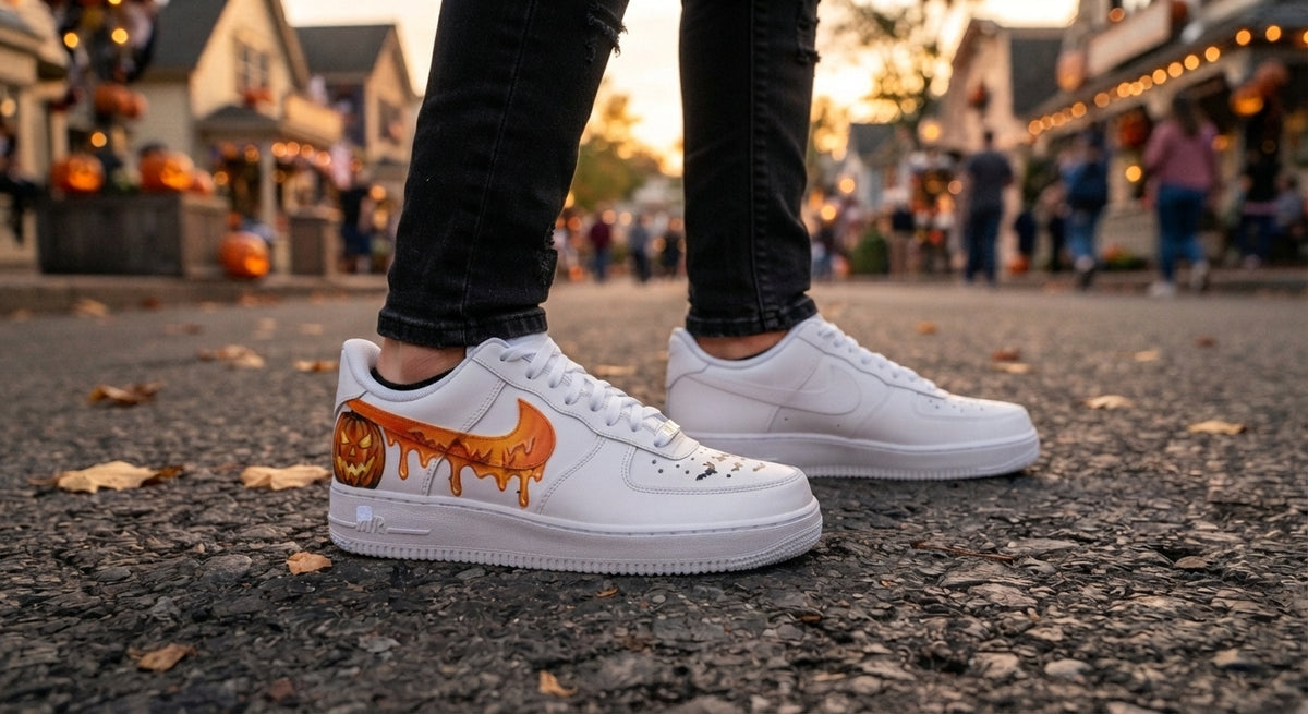 Custom Sneaker Halloween Pumpkin Drip - on feet