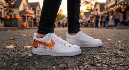 Custom Sneaker Halloween Pumpkin Drip - on feet