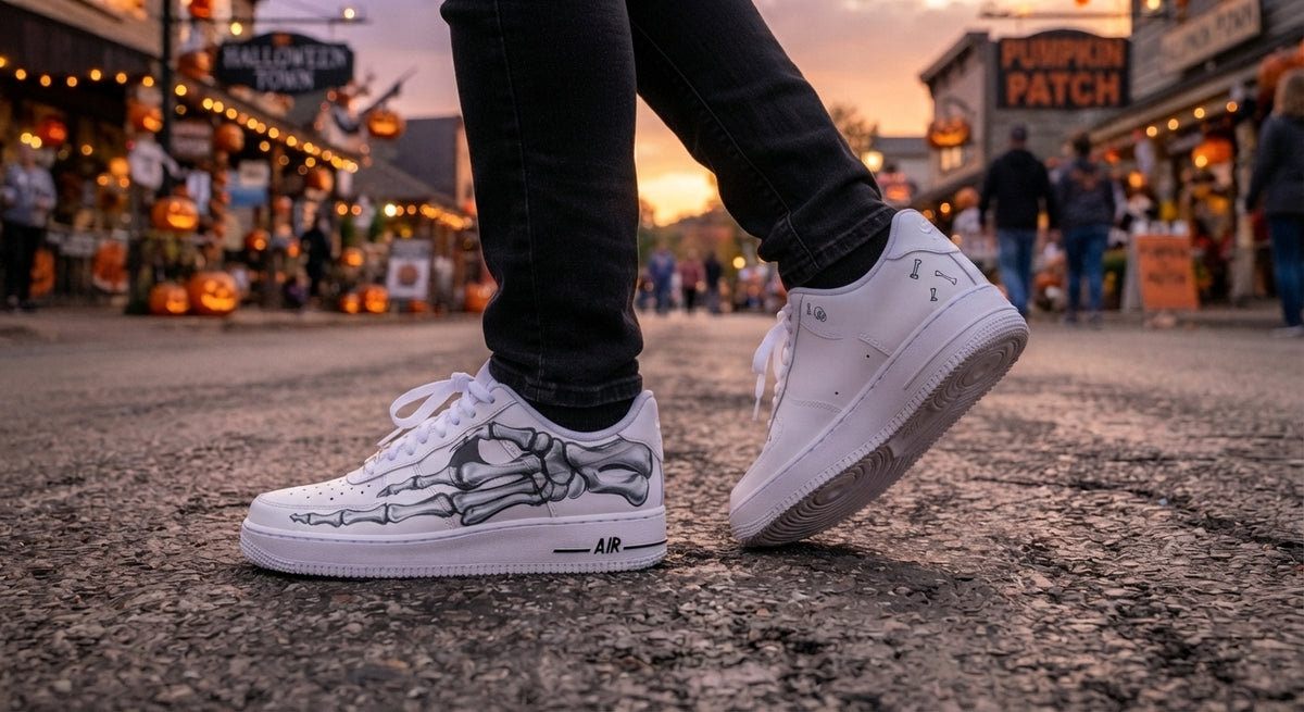 Custom Sneaker Halloween Skeleton Hand - on feet