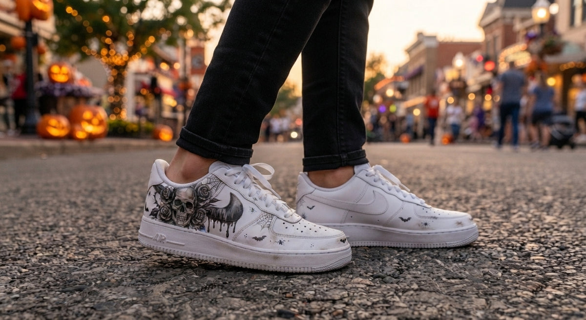Custom Sneaker Halloween Haunted Rose Skull - on feet